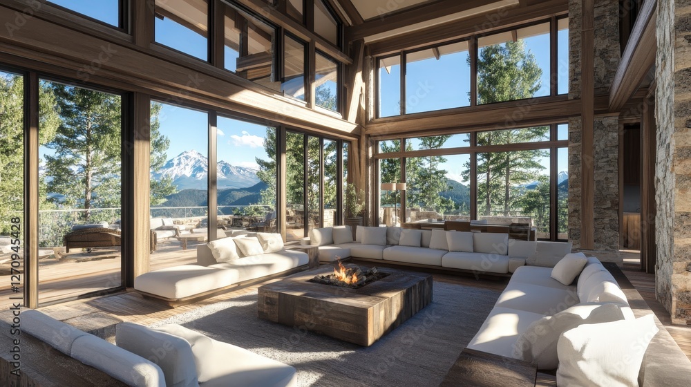 A serene mountain home with stunning views of the surrounding peaks, featuring rustic wooden finishes, stone accents, and large windows to showcase the natural beauty. A serene mountain home with stunning views of the surrounding peaks, featuring rustic wooden finishes, stone accents, and large windows to showcase the natural beauty.