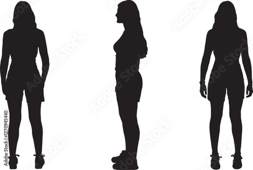 vector; silhouette side,back and front view of same girl standing
