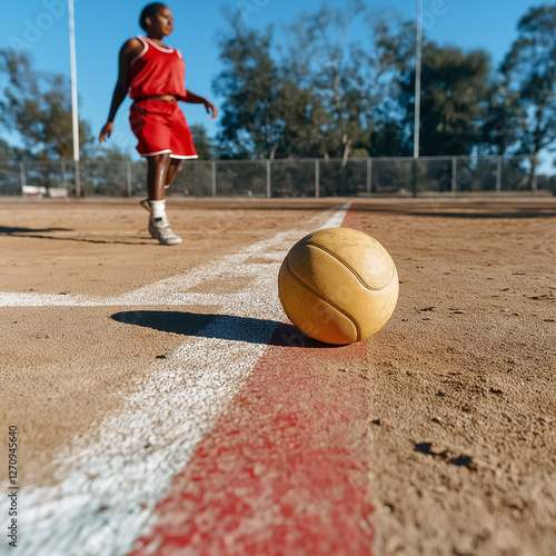Young boy in a red jersey practicing basketball on an outdoor court with a ball on the ground