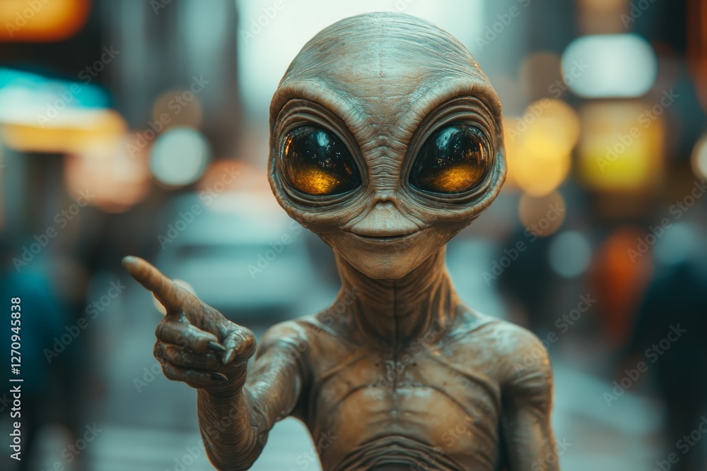 Alien character standing on a busy city street in the evening with lights and people in the background Alien character standing on a busy city street in the evening with lights and people in the background