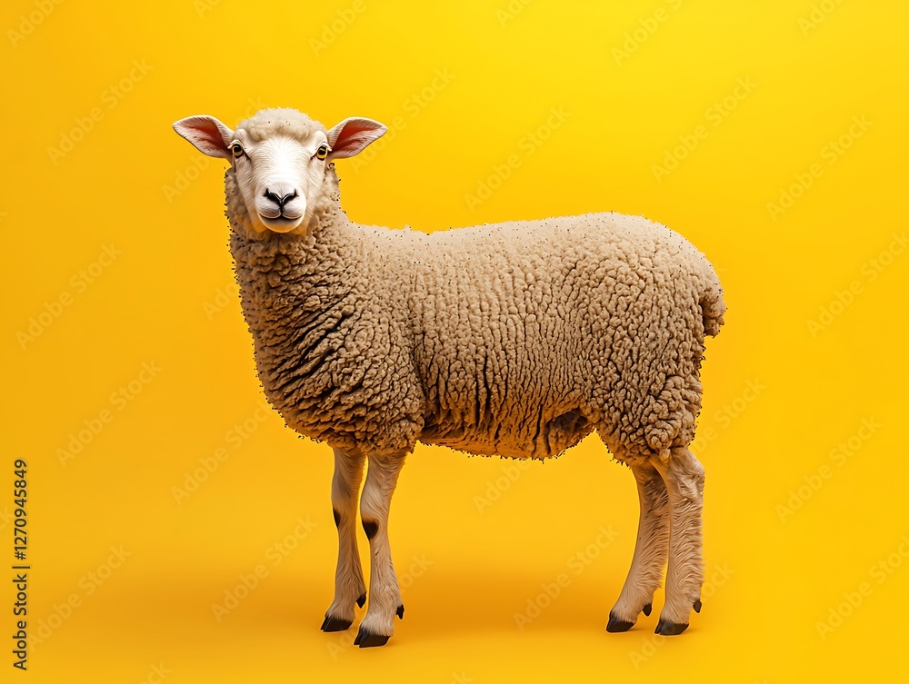 Fototapeta premium Playful sheep pose against bright yellow background in creative photography studio