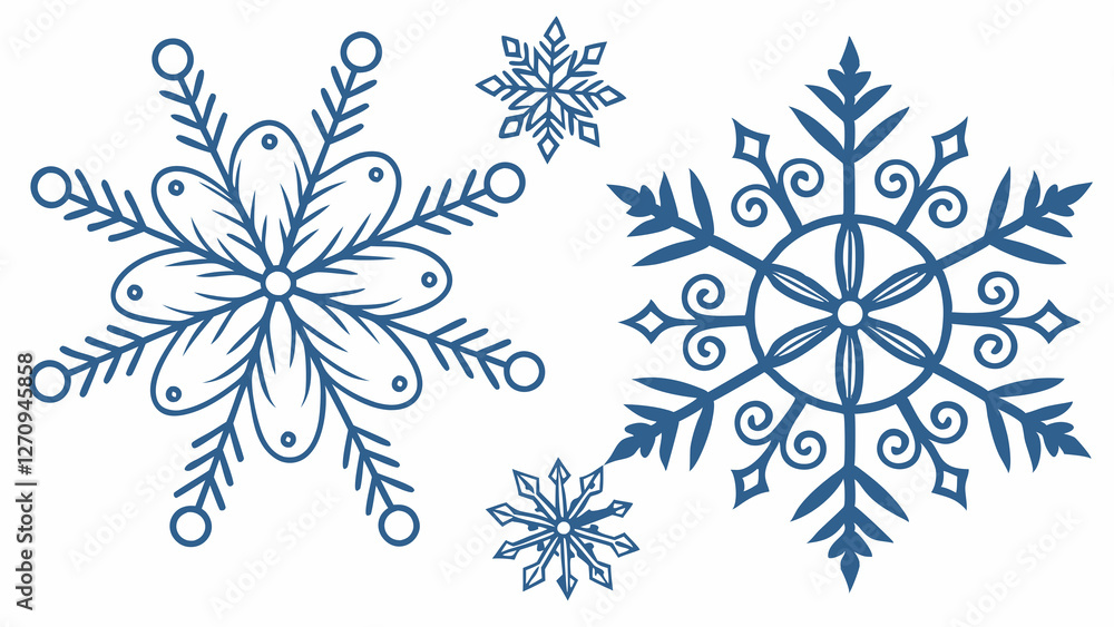 Elegant blue snowflake vector set with intricate symmetrical winter patterns in a decorative seasonal illustration Elegant blue snowflake vector set with intricate symmetrical winter patterns in a decorative seasonal illustration