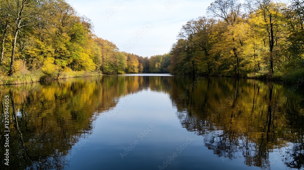 Autumn lake reflecting colorful trees and a clear blue sky in a peaceful setting : Generative AI Autumn lake reflecting colorful trees and a clear blue sky in a peaceful setting : Generative AI
