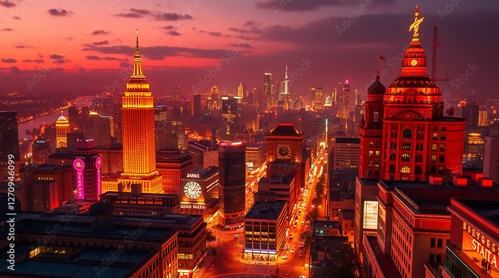 Fototapeta premium Fiery Cityscape at Sunset A Dramatic Urban Panorama