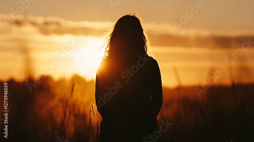 Silhouette of a woman standing in a field at sunset with a beautiful golden sky : Generative AI