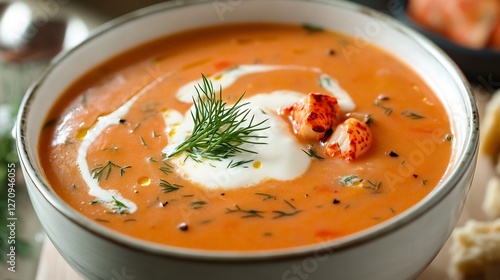 Bowl of creamy lobster bisque garnished a swirl of cream and a sprig of dill photo