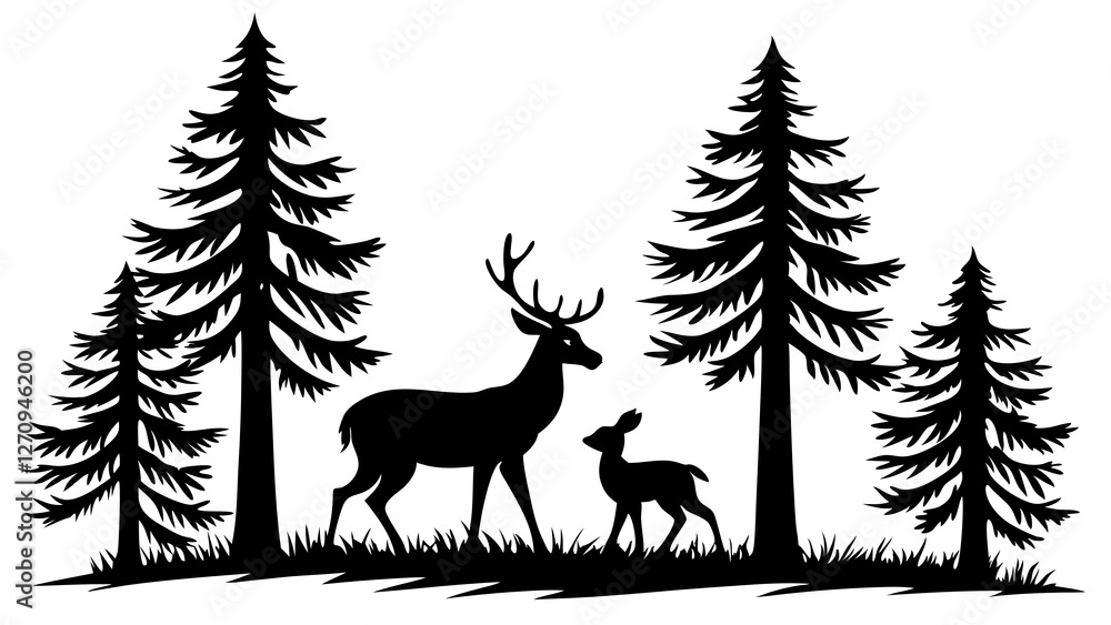 Obraz premium Wildlife-inspired black and white illustration of a majestic deer and fawn in a scenic forest setting