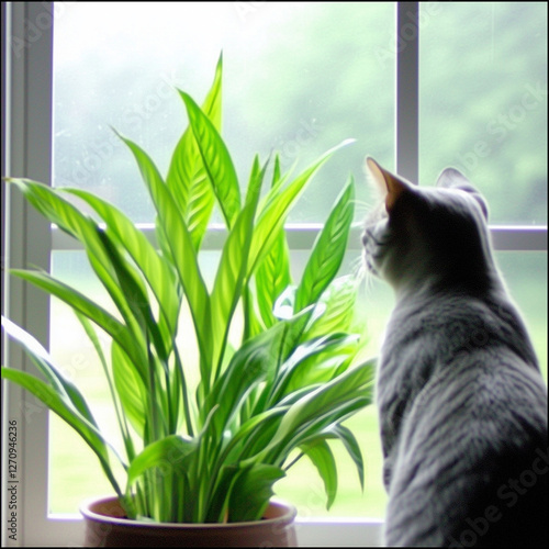 Gray cat sitting by the window, observing a lush green plant and the outdoors in soft daylight