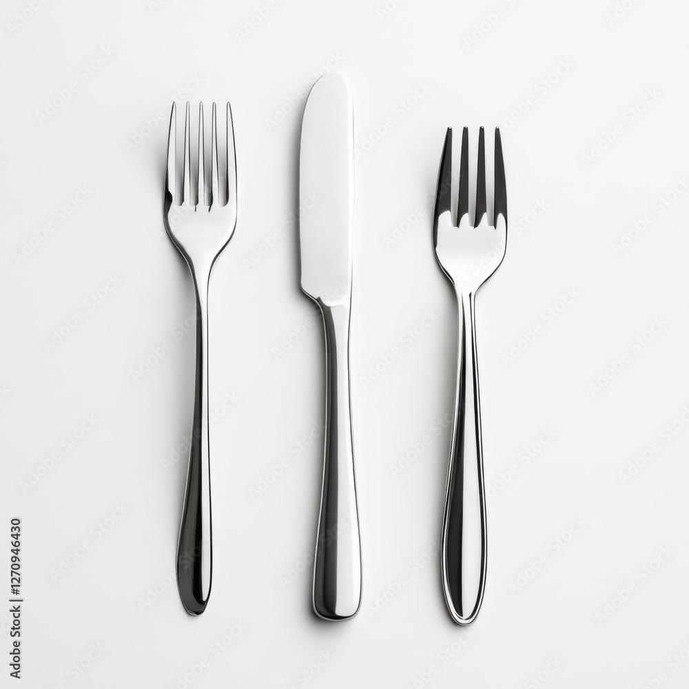 Elegant Stainless Steel Knife and Forks Arranged on a Minimalist White Background for Dining Decor Elegant Stainless Steel Knife and Forks Arranged on a Minimalist White Background for Dining Decor