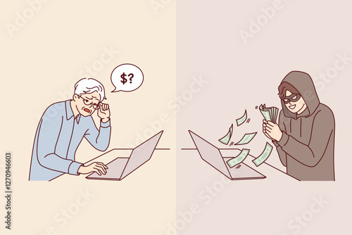 Hacker steals money from elderly man using laptop with internet, via psychological manipulation and scam techniques. Robbed grandfather trusted anonymous chat interlocutor and sent savings to hacker