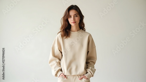 Portrait of a Young Woman in Beige Sweatshirt Against a White Background