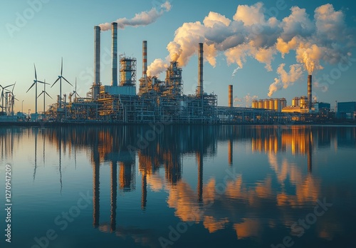 Fossil fuel (coal) power station and wind turbines in Eemshaven producing energy. Energy transition concept photo