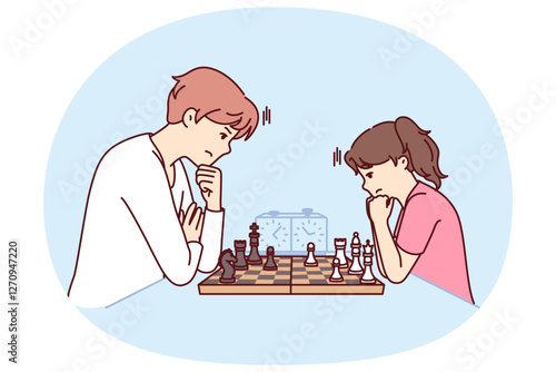 Game of chess between man and teenage girl during training of professional grandmaster or preparation for sports tournament. Father and daughter play chess to develop child strategic thinking