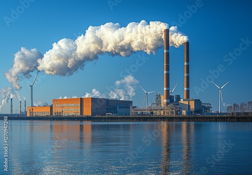 Fossil fuel (coal) power station and wind turbines in Eemshaven generating electricity. Concept of energy transition photo