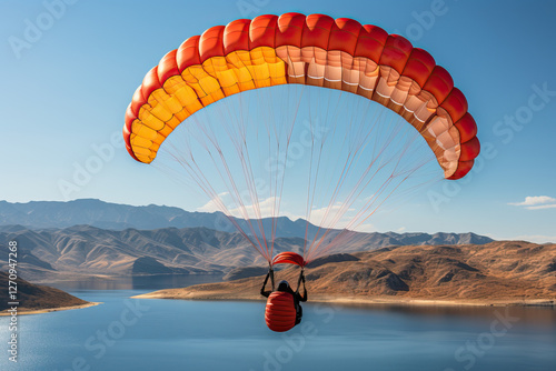 A man is flying with a parachute over a body of water.