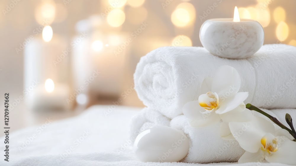 Elegant Arrangement of Rolled White Towels with Spa Essentials and Candles for a Relaxing Ambiance : Generative AI Elegant Arrangement of Rolled White Towels with Spa Essentials and Candles for a Relaxing Ambiance : Generative AI