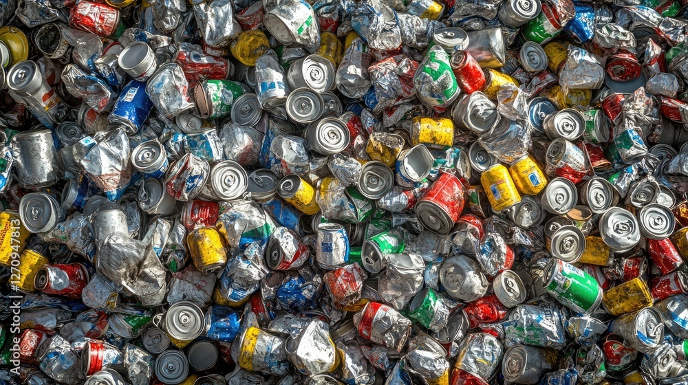 Aerial view of a large pile of discarded aluminum and tin cans at a recycling center. Aerial view of a large pile of discarded aluminum and tin cans at a recycling center.