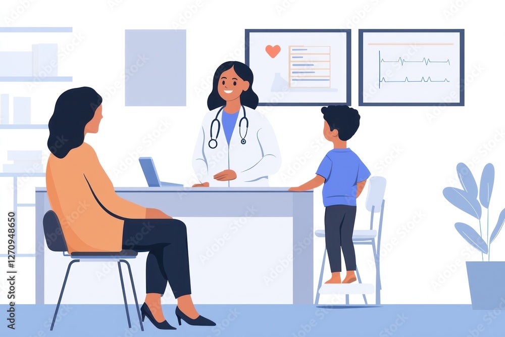 A family medical appointment where a mother and her child consult a smiling doctor, portraying trust and family-focused healthcare. A family medical appointment where a mother and her child consult a smiling doctor, portraying trust and family-focused healthcare.