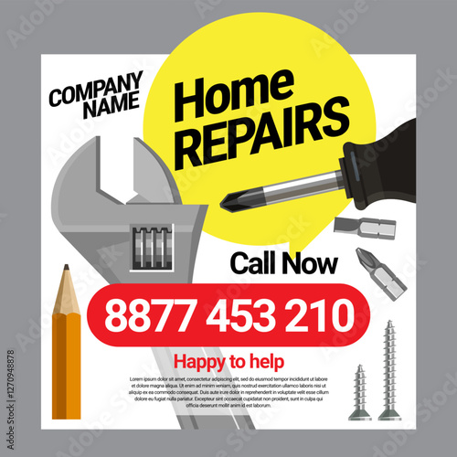 Poster template service for small home repair. A set of building tools. Screwdriver, screws, adjustable wrench. Two options on a white and yellow background. Vector illustration.