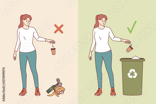 Woman throwing garbage on ground or in trash can demonstrates right and wrong behavior. Bad girl litters on street and good female uses container for separate garbage and waste collection