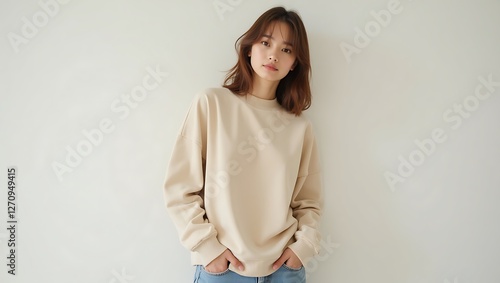 Cream Sweatshirt Fashion, Minimalist Style, Studio Shot