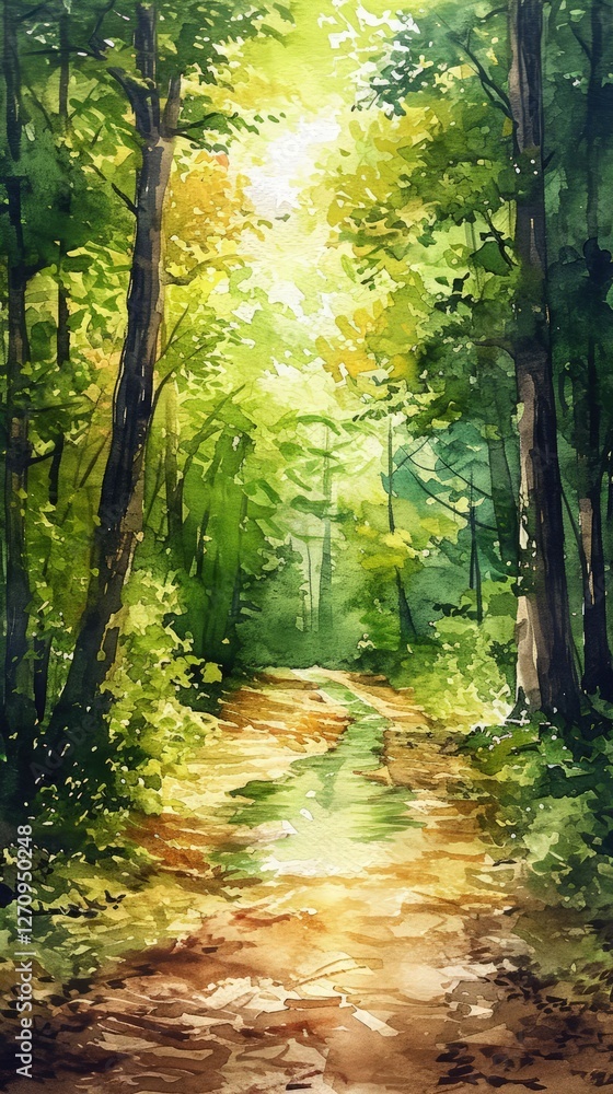 Obraz premium Watercolor painting of a green spring landscape trees Jungle Fall Lush rural Lovely view Eye-catching River in the forest Dirt road village sketch forest trees