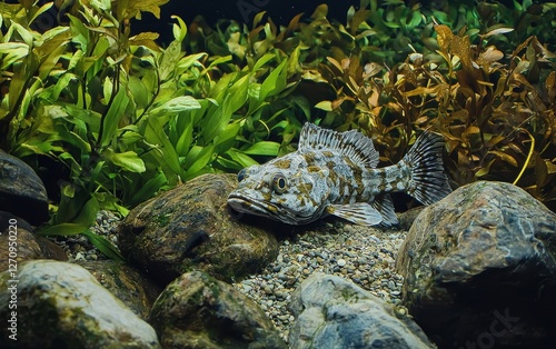 A perfectly camouflaged monkfish hiding among seaweed and rocks