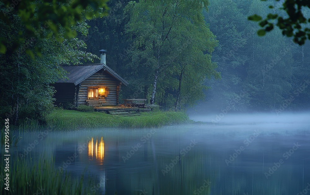 Fototapeta premium A picturesque log cabin on the edge of a misty forest