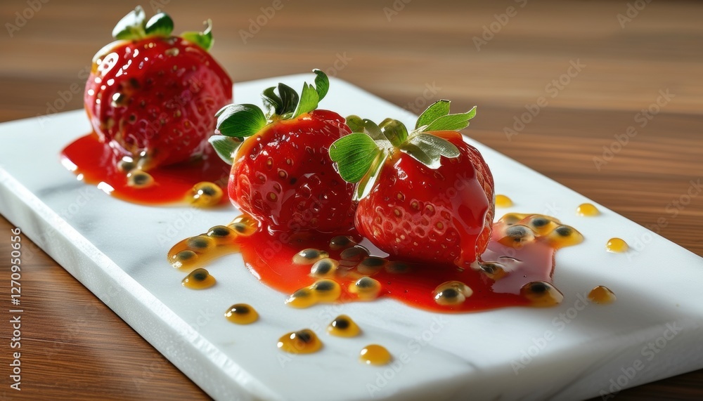 haute cuisine Elegant culinary creation with fresh strawberries and passion fruit sauce on marble plate haute cuisine Elegant culinary creation with fresh strawberries and passion fruit sauce on marble plate