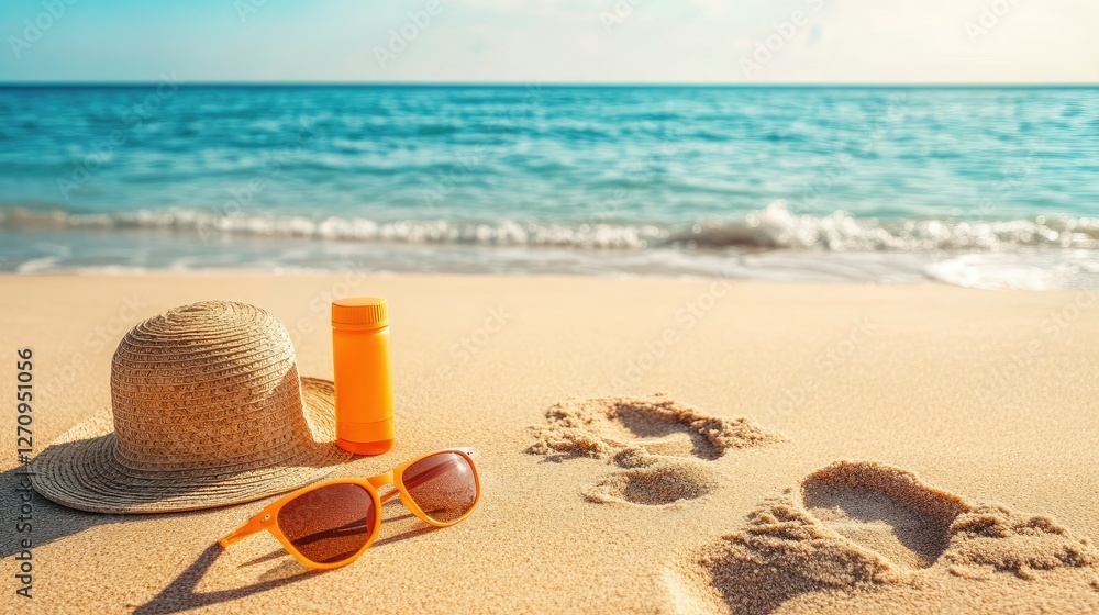 A beach setup with sun protection essentials such as sunscreen, a hat, and sunglasses, with footprints in the sand leading to the ocean A beach setup with sun protection essentials such as sunscreen, a hat, and sunglasses, with footprints in the sand leading to the ocean