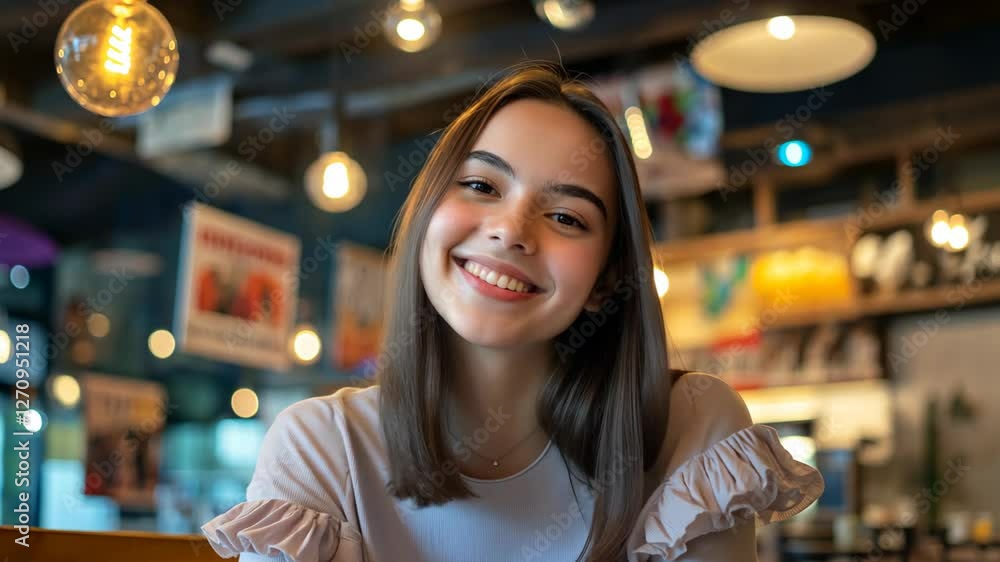 smiling Caucasian woman at restaurant with cozy atmosphere with bokeh light
smiling Caucasian woman at restaurant with cozy atmosphere with bokeh light