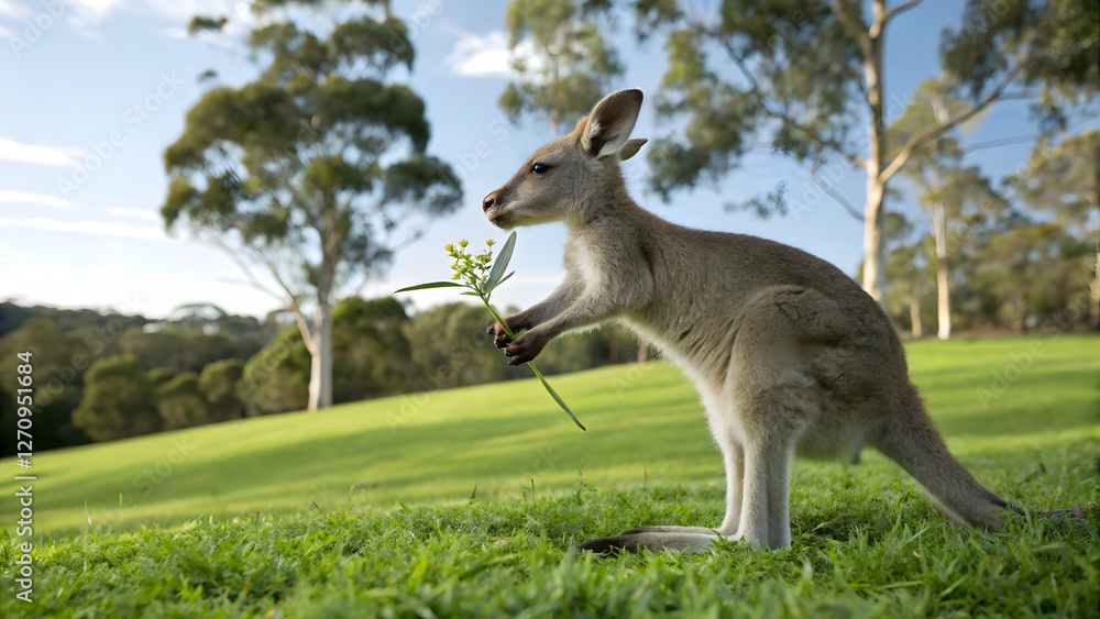 Kangaroo with a curious mood holding a branch in a vibrant green landscape Kangaroo with a curious mood holding a branch in a vibrant green landscape