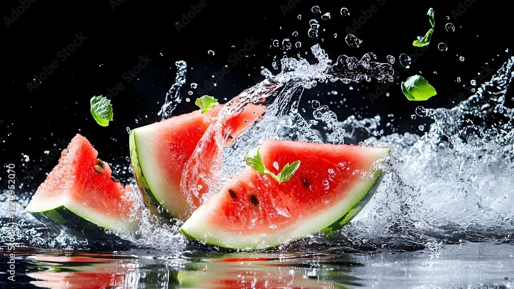 Sliced watermelon pieces splashing in water, with droplets and mint leaves adding a refreshing touch. Concept Sliced Watermelon, Splashing Water, Refreshing Mint Leaves, Summer Vibes