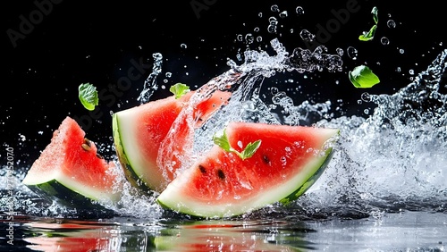 Obraz na płótnie Sliced watermelon pieces splashing in water, with droplets and mint leaves adding a refreshing touch. Concept Sliced Watermelon, Splashing Water, Refreshing Mint Leaves, Summer Vibes w salonie
