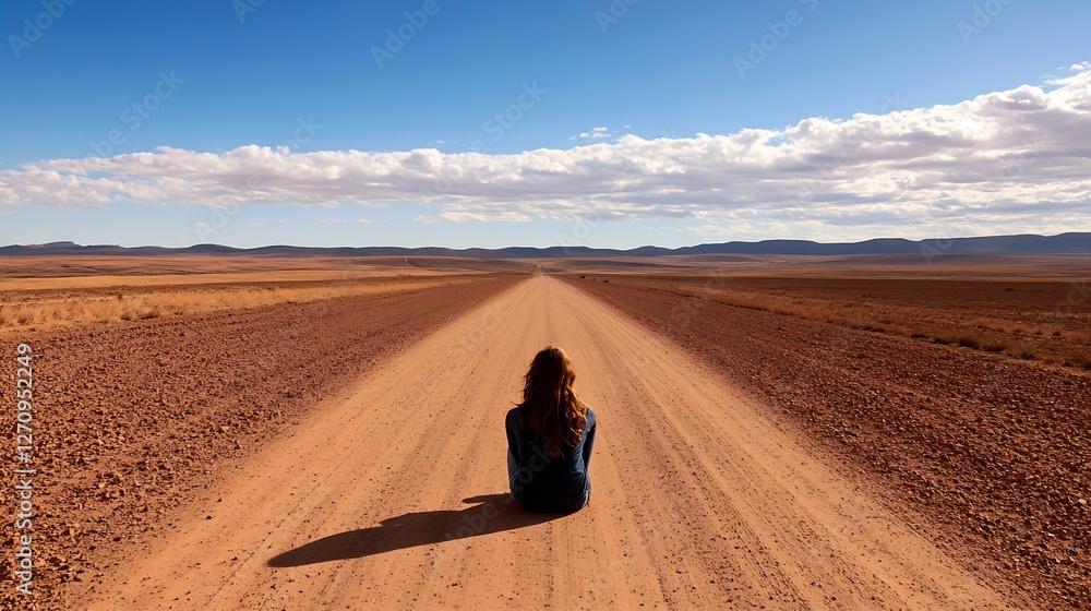 Young woman sitting alone on an empty dirt road surrounded by wide open landscapes : Generative AI Young woman sitting alone on an empty dirt road surrounded by wide open landscapes : Generative AI
