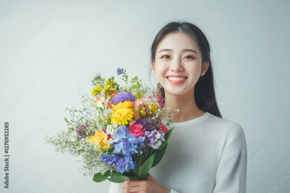 Portrait of a smiling young Asian woman holding a colorful bouquet of flowers in a white room,. Portrait of a smiling young Asian woman holding a colorful bouquet of flowers in a white room,.