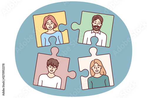 Puzzle employees for team formation and personnel selection by employees recruiting agency or HR business. Recruiting puzzle metaphor for finding people with skills for vacancy in company or startup