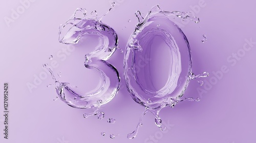 Water Splash Number 30, Glassy Transparent Water Effect, Splash Art Design, Purple Background, Aqua Number Graphics