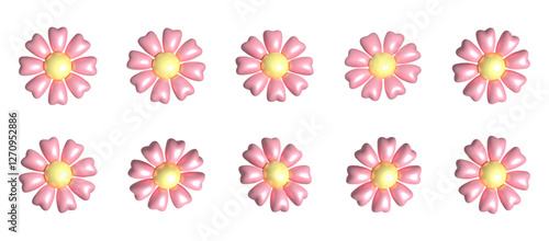 3d Plastic Flowers Icons Set. Floral Puffy Y2k Stickers. 