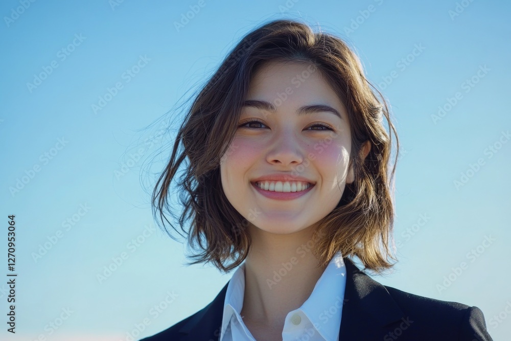 Young Japanese business woman smiling, wearing a white shirt and black jacket, with a blue sky background. Young Japanese business woman smiling, wearing a white shirt and black jacket, with a blue sky background.