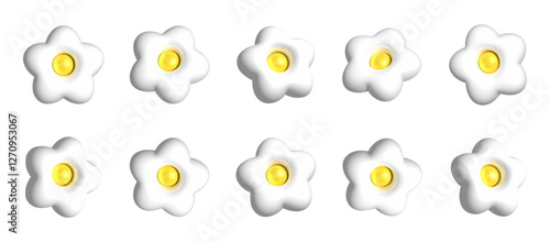 Set of glossy white 3d chamomile flowers with yellow center. Inflated soft puffy plastic petals, volumetric shape. 3D realistic illustration