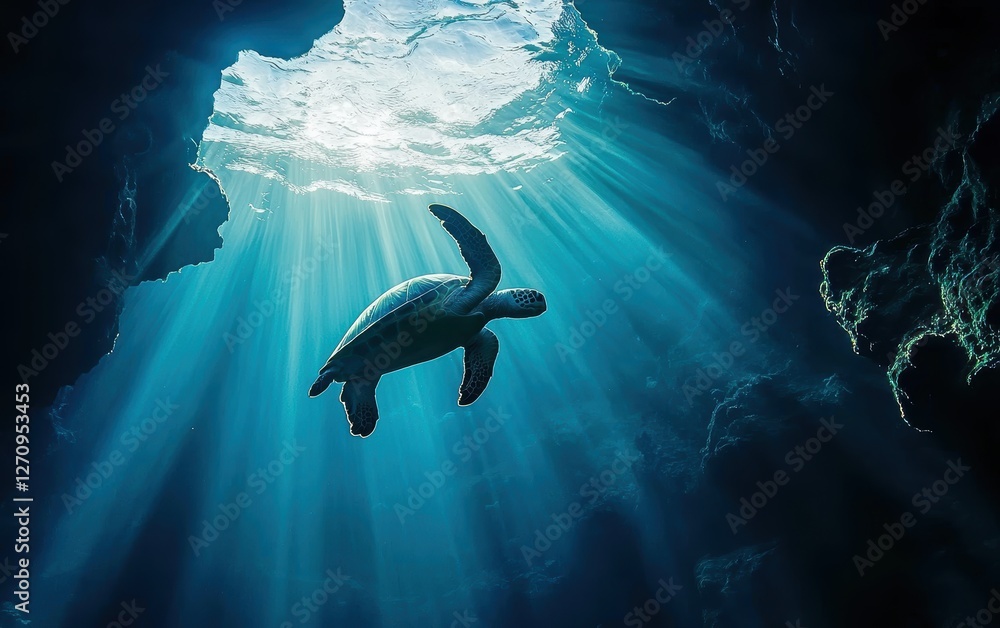 A sea turtle in a breathtaking underwater cave A sea turtle in a breathtaking underwater cave