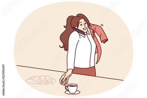 Busy woman makes business phone call having breakfast and puts on jacket hurrying to work. Busy businesswoman in hurry talking on phone and drinking coffee to get job done without breaking deadlines