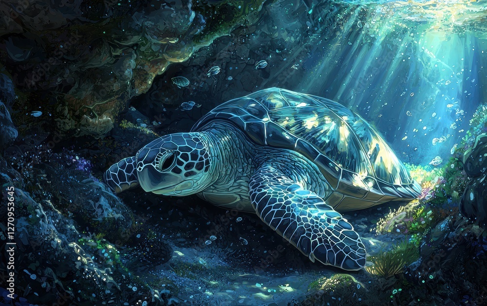 Fototapeta premium A sea turtle resting under a rocky ledge