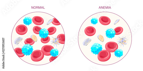 Anemia Blood Cells. Medical illustration comparing normal and anemic red blood cells with white blood cells and platelets. Normal and Anemic Blood Cells Illustration
