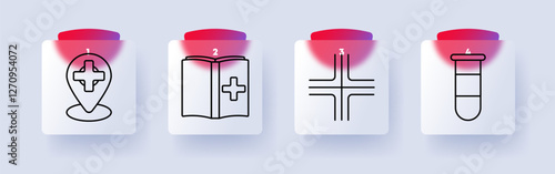 Healthcare set icon. Location, book, cross, test tube, laboratory, research, pharmacy, map, study, knowledge, medical, hospital, diagnosis, analysis, prescription