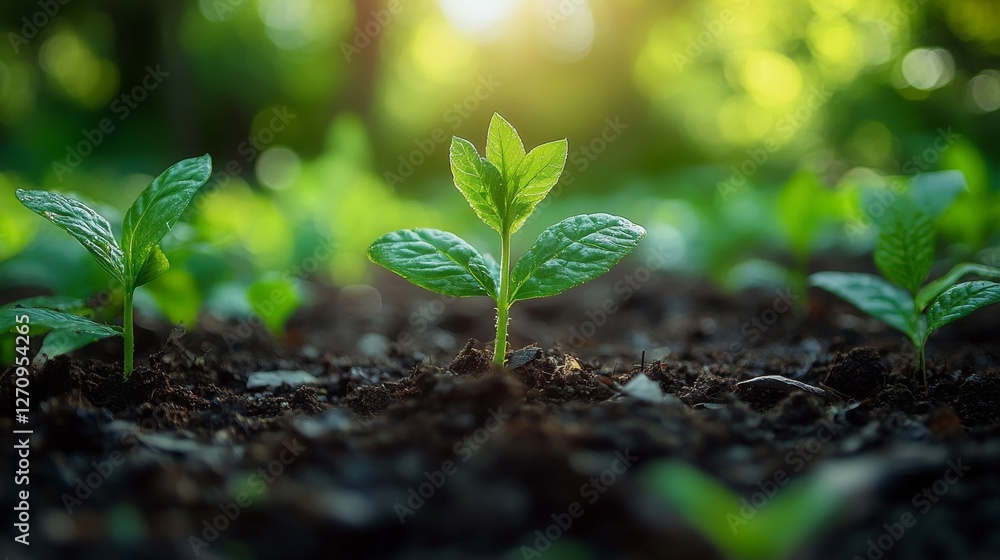 Fresh Green Seedling Growing in Rich Soil Under Soft Sunlight Fresh Green Seedling Growing in Rich Soil Under Soft Sunlight