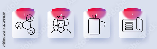 Social set icon. Connection network, global community, coffee cup, newspaper, communication, networking, media, online interaction, news, daily life
