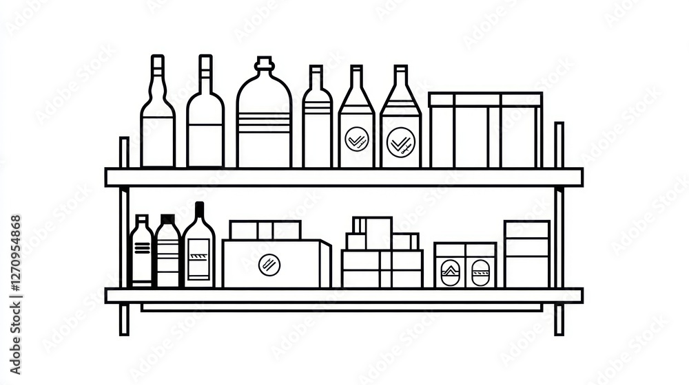 Fototapeta premium Shelves stocked with bottles, boxes, and containers in a pantry