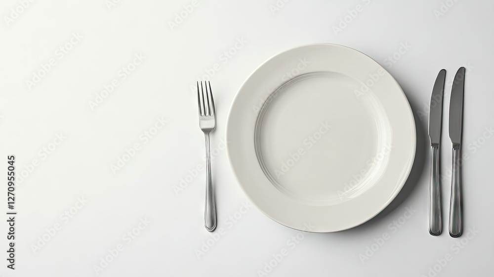 A classic table setting with a ceramic plate, fork, and knife placed separately, on a light-colored background with soft shadows A classic table setting with a ceramic plate, fork, and knife placed separately, on a light-colored background with soft shadows